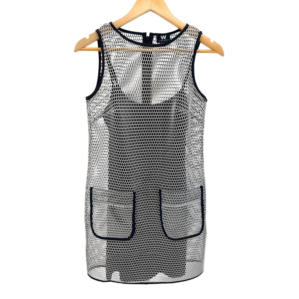 W By Worth Mesh Overlay Shift Dress 0 Black White Honeycomb Pocket Mod Netting